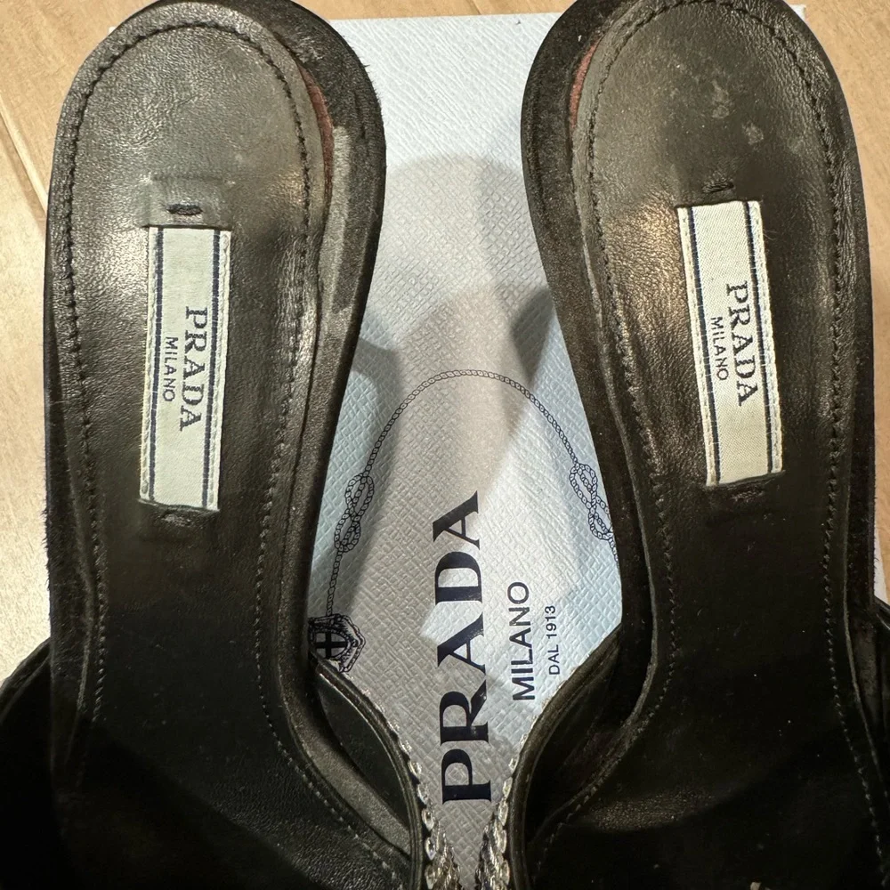 Prada - Satin Crystal Logo 65 mm Slide Sandal- Color: Black- Size: 37.5 - Picture 10 of 11